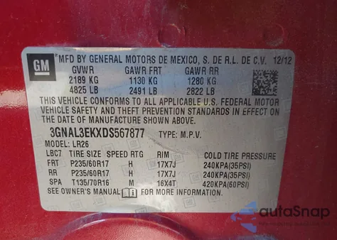 2013 Chevrolet Captiva Sport Lt from USA, damaged, VIN 3GNAL3EKXDS567877